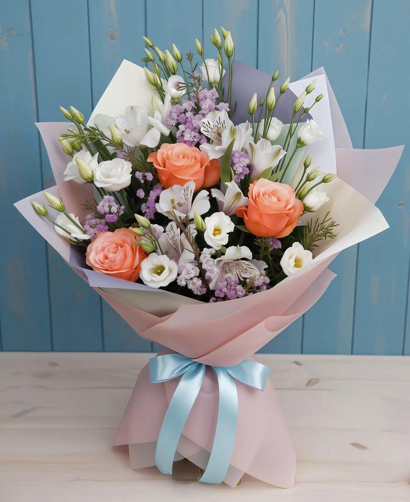 Букет цветов из: Лизиантусы, Розы, Альстромерии и Гипсофила в Спасске Пензенской области